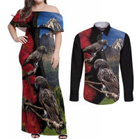 New Zealand Kea And Pohutukawa Couples Matching Off Shoulder Maxi Dress and Long Sleeve Button Shirt With The Mountain Landscape LT03 Black - Polynesian Pride