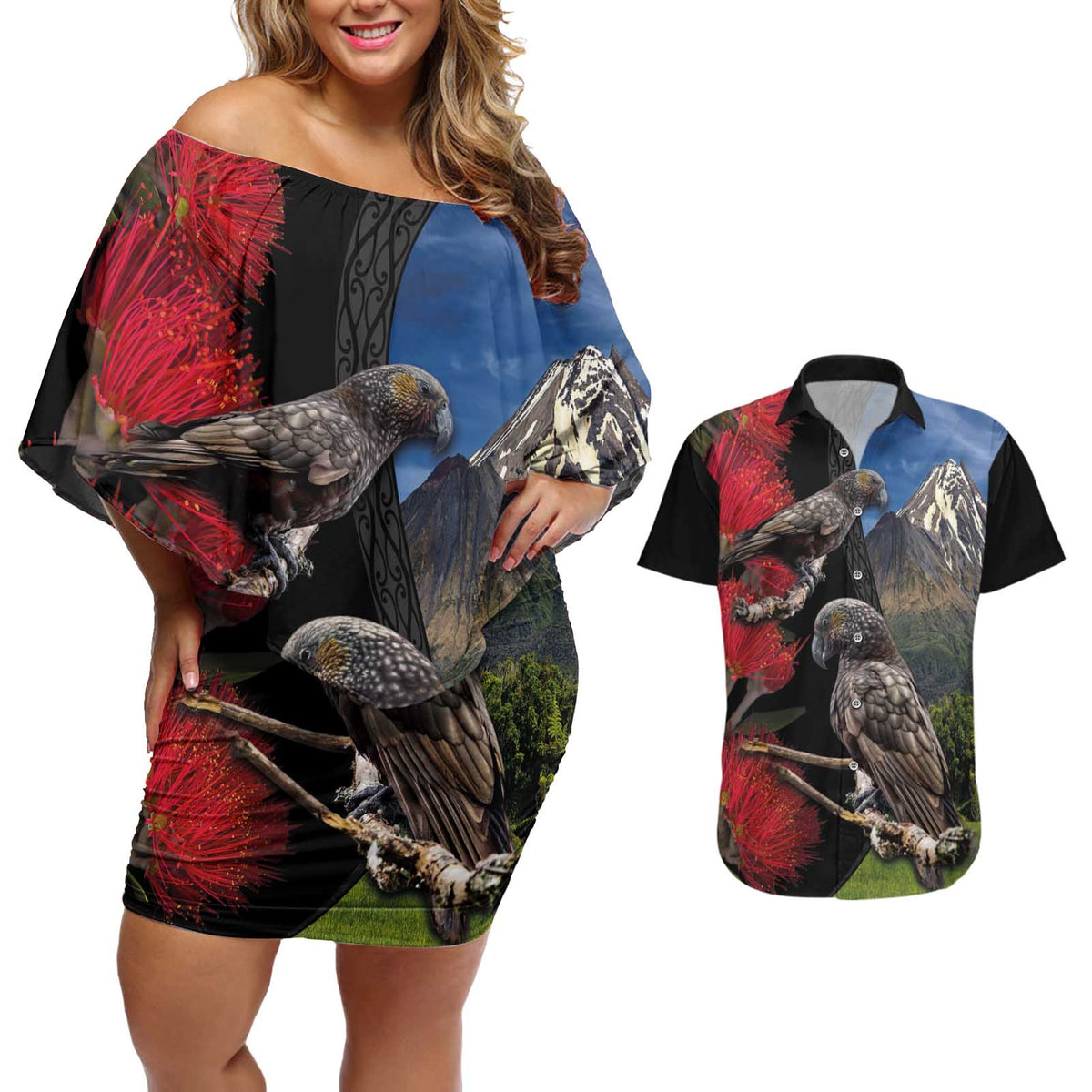 New Zealand Kea And Pohutukawa Couples Matching Off Shoulder Short Dress and Hawaiian Shirt With The Mountain Landscape LT03 Black - Polynesian Pride