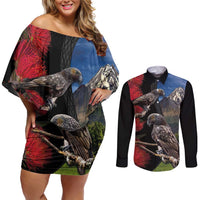 New Zealand Kea And Pohutukawa Couples Matching Off Shoulder Short Dress and Long Sleeve Button Shirt With The Mountain Landscape LT03 Black - Polynesian Pride