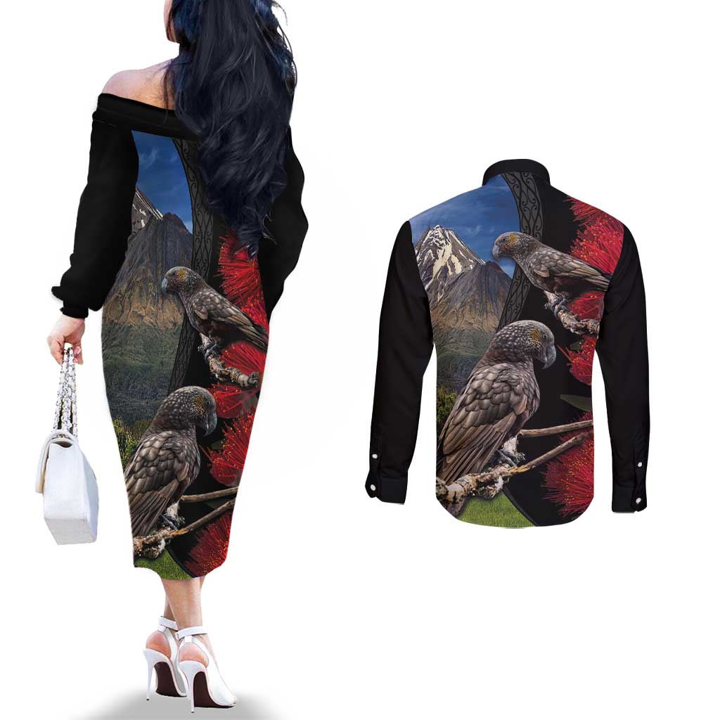 New Zealand Kea And Pohutukawa Couples Matching Off The Shoulder Long Sleeve Dress and Long Sleeve Button Shirt With The Mountain Landscape LT03 - Polynesian Pride