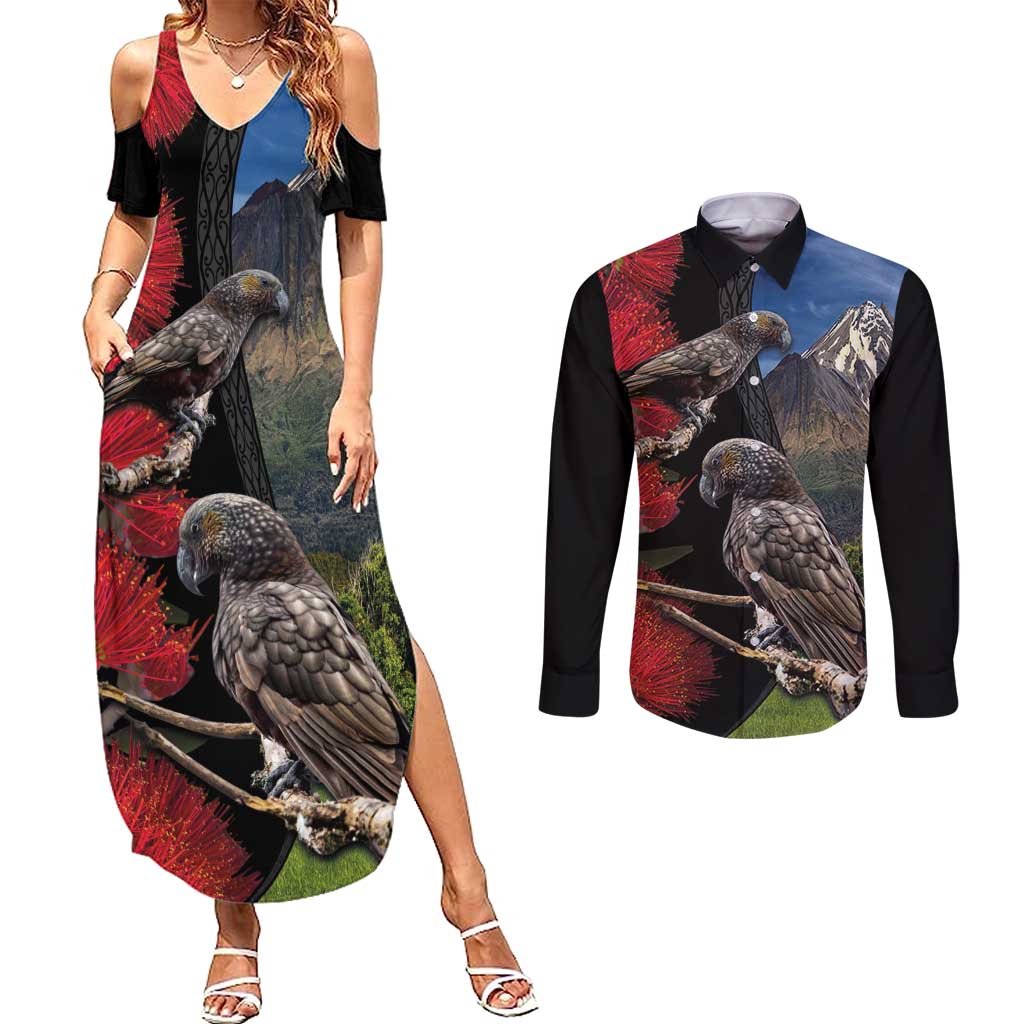 New Zealand Kea And Pohutukawa Couples Matching Summer Maxi Dress and Long Sleeve Button Shirt With The Mountain Landscape LT03 Black - Polynesian Pride