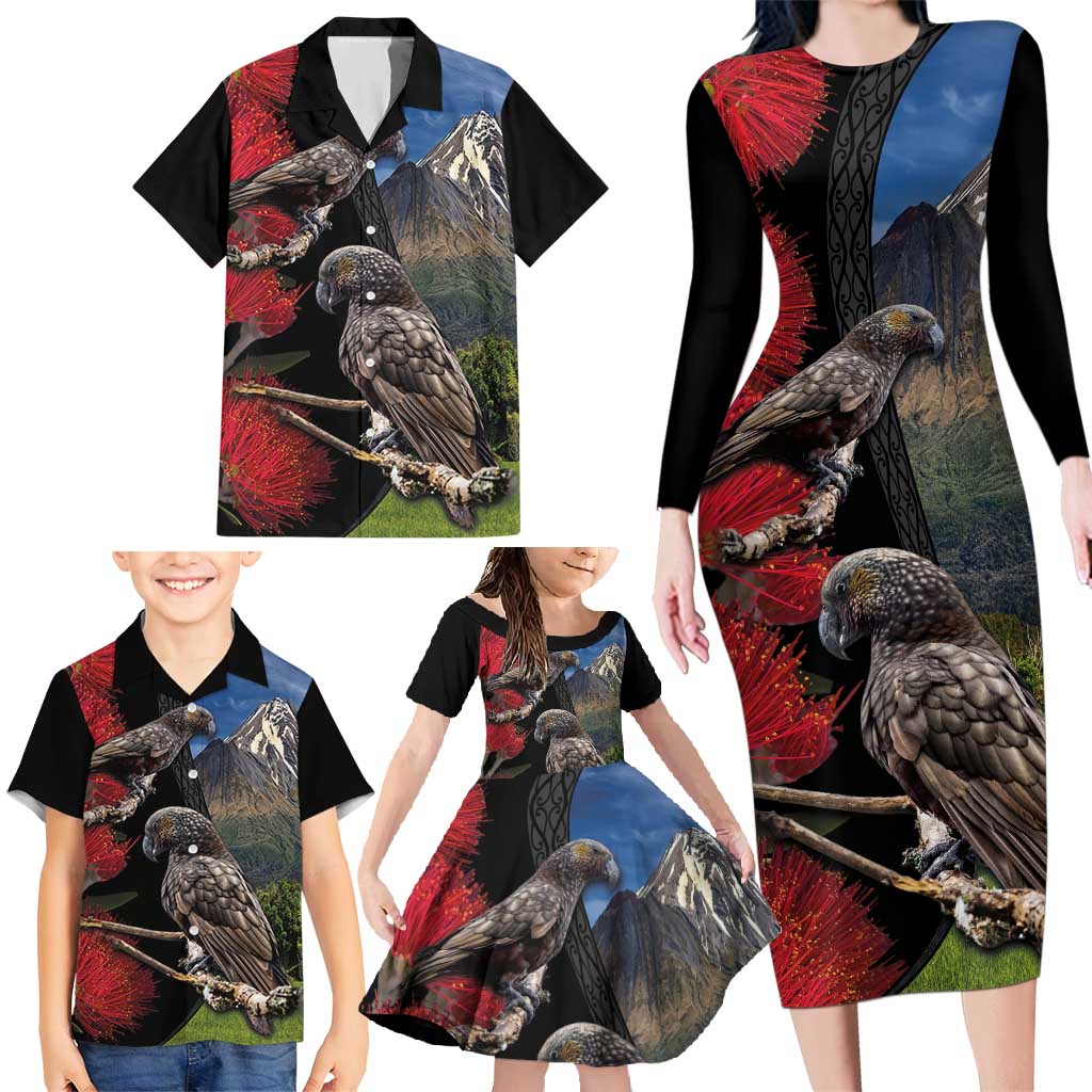New Zealand Kea And Pohutukawa Family Matching Long Sleeve Bodycon Dress and Hawaiian Shirt With The Mountain Landscape LT03 - Polynesian Pride