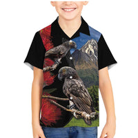 New Zealand Kea And Pohutukawa Family Matching Mermaid Dress and Hawaiian Shirt With The Mountain Landscape LT03 Son's Shirt Black - Polynesian Pride