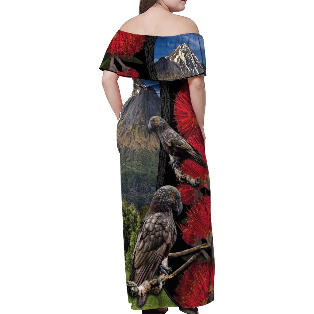 New Zealand Kea And Pohutukawa Family Matching Off Shoulder Maxi Dress and Hawaiian Shirt With The Mountain Landscape LT03 - Polynesian Pride