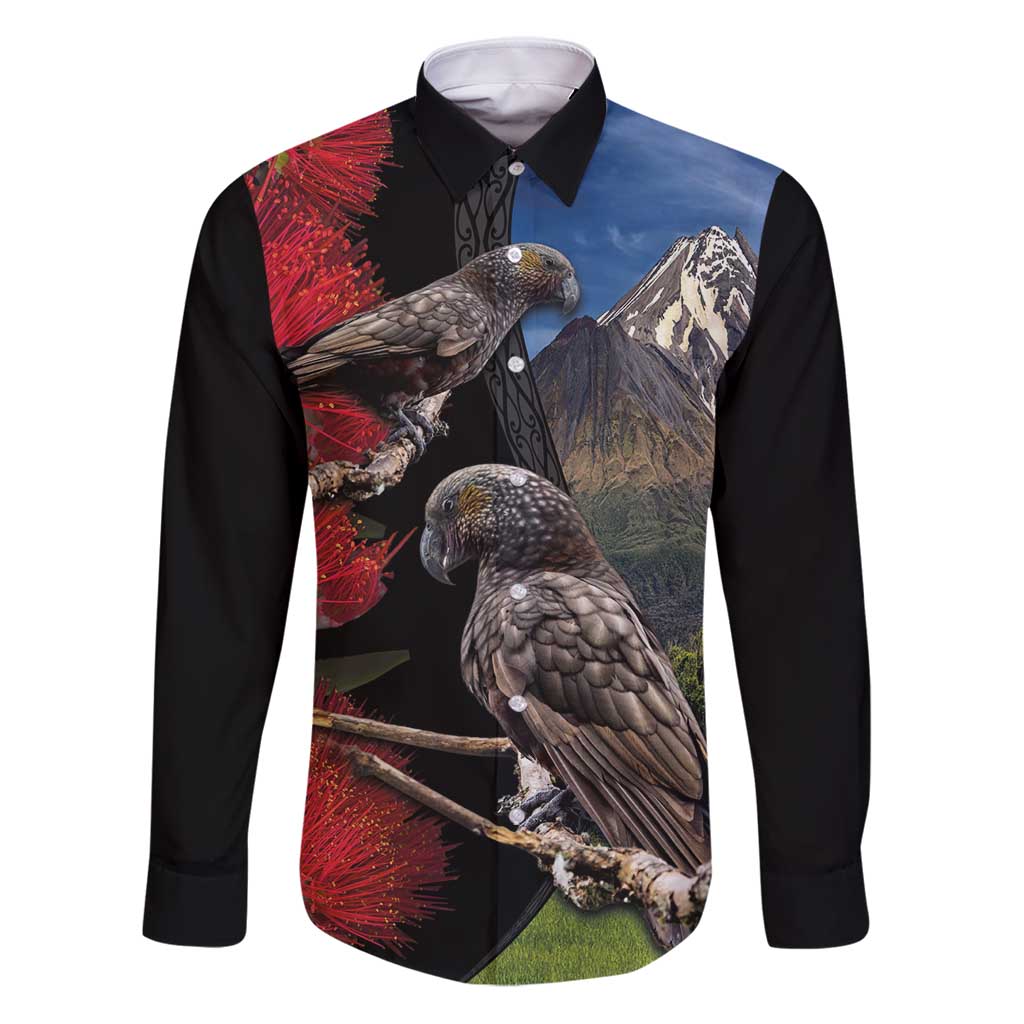New Zealand Kea And Pohutukawa Family Matching Puletasi and Hawaiian Shirt With The Mountain Landscape LT03 Dad's Shirt - Long Sleeve Black - Polynesian Pride