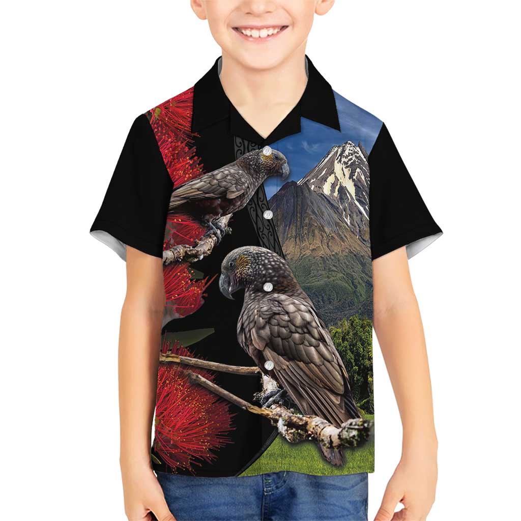 New Zealand Kea And Pohutukawa Family Matching Puletasi and Hawaiian Shirt With The Mountain Landscape LT03 Son's Shirt Black - Polynesian Pride