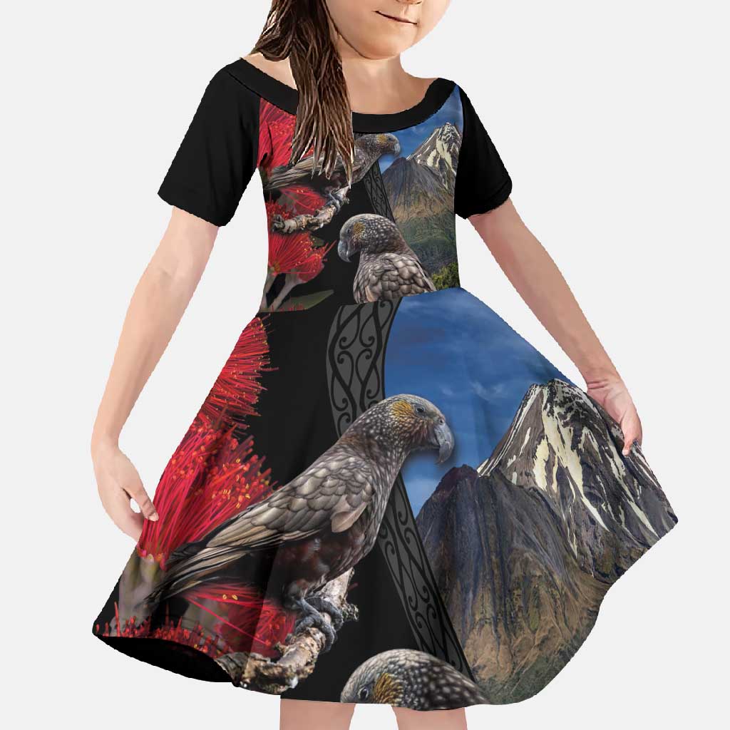 New Zealand Kea And Pohutukawa Family Matching Short Sleeve Bodycon Dress and Hawaiian Shirt With The Mountain Landscape LT03 Daughter's Dress Black - Polynesian Pride