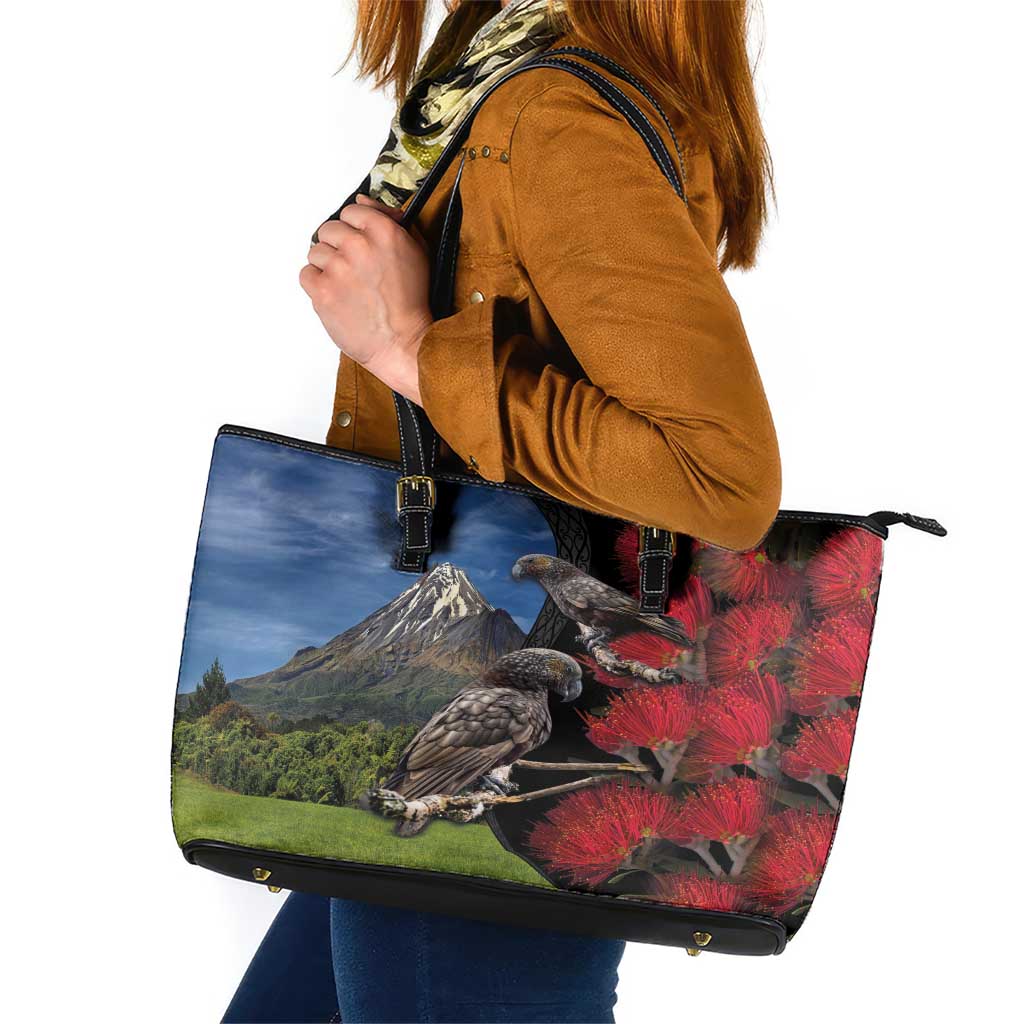 New Zealand Kea And Pohutukawa Leather Tote Bag With The Mountain Landscape