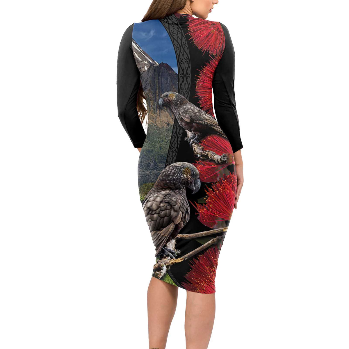 New Zealand Kea And Pohutukawa Long Sleeve Bodycon Dress With The Mountain Landscape LT03 - Polynesian Pride