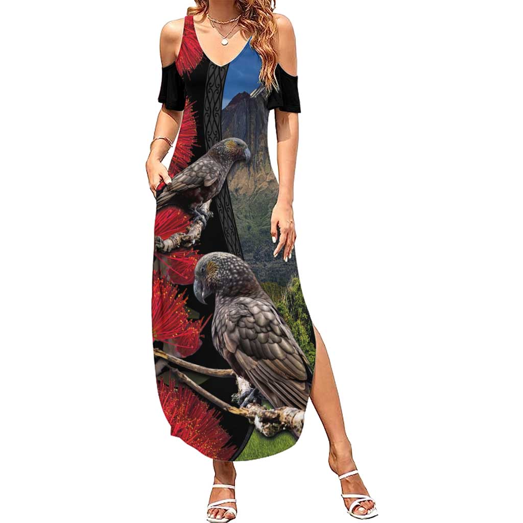 New Zealand Kea And Pohutukawa Summer Maxi Dress With The Mountain Landscape