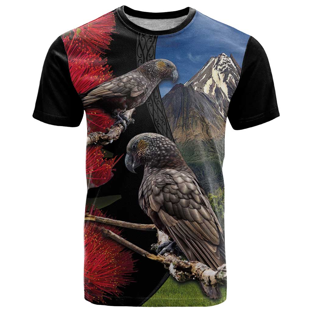 New Zealand Kea And Pohutukawa T Shirt With The Mountain Landscape