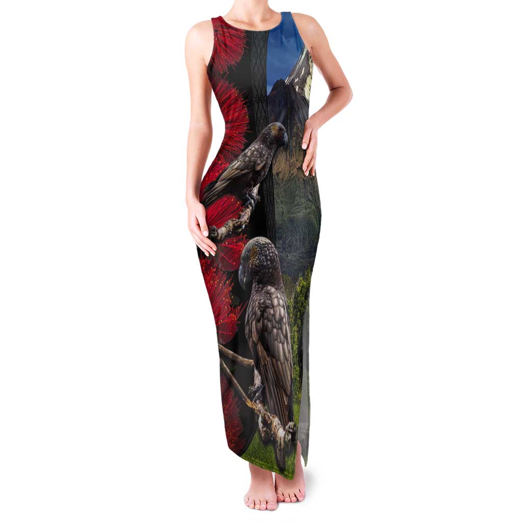 New Zealand Kea And Pohutukawa Tank Maxi Dress With The Mountain Landscape