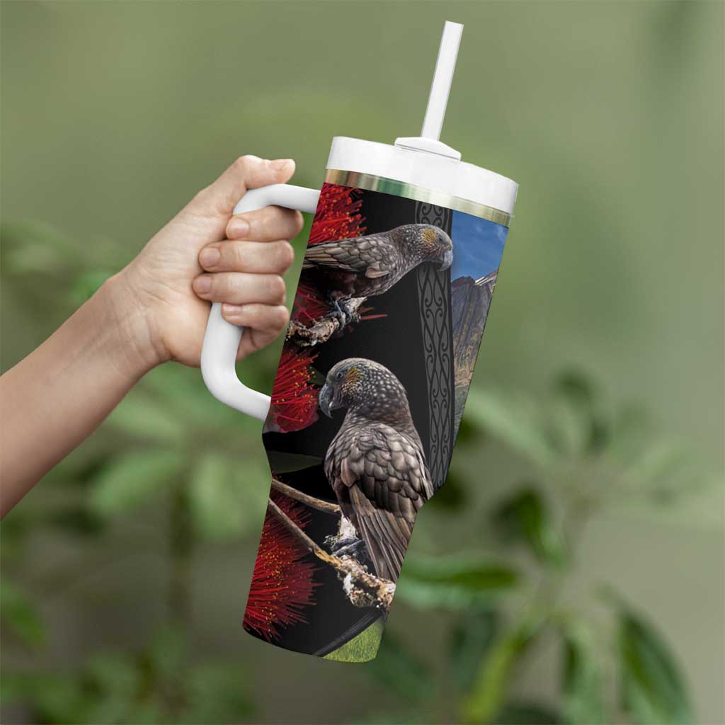 New Zealand Kea And Pohutukawa Tumbler With Handle With The Mountain Landscape