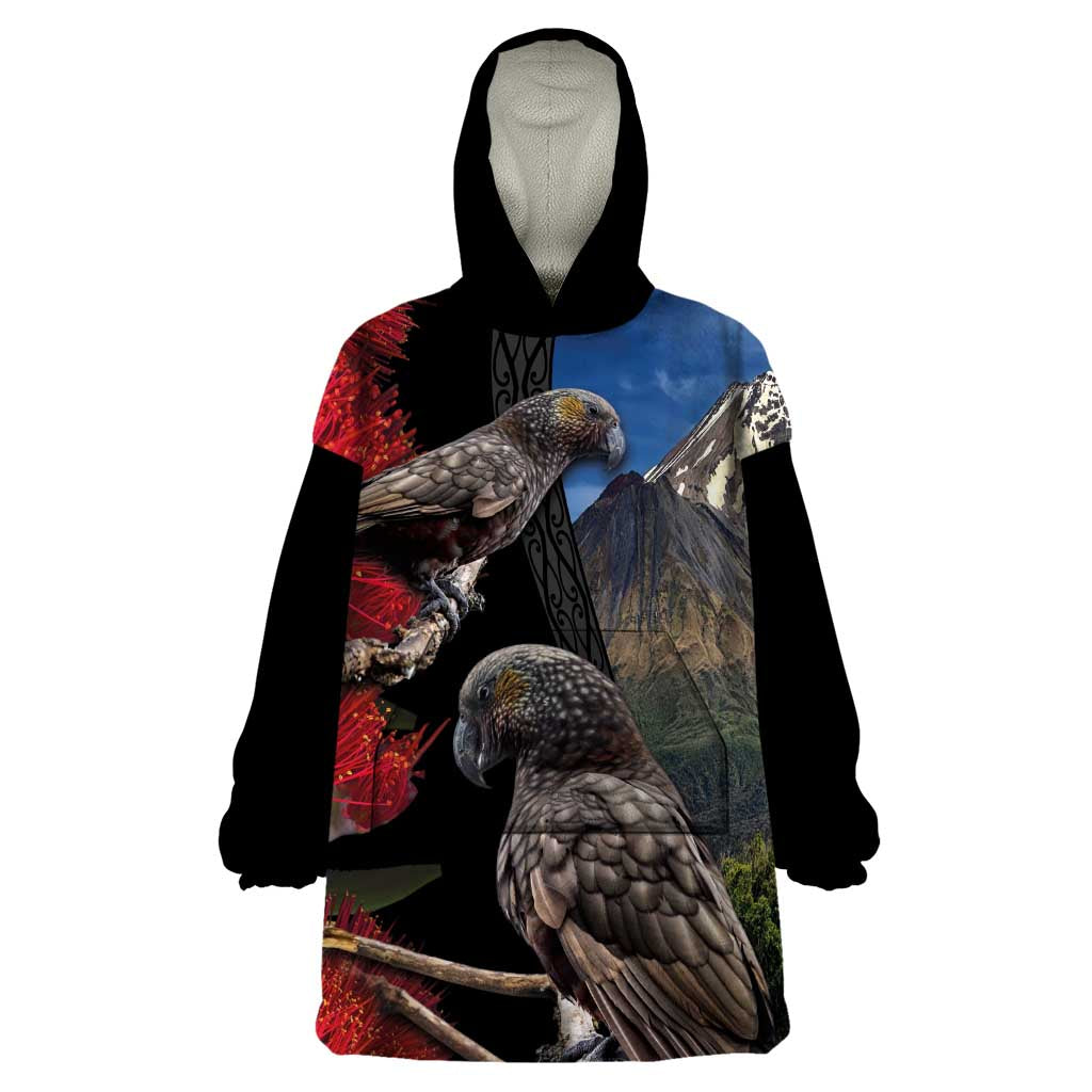 New Zealand Kea And Pohutukawa Wearable Blanket Hoodie With The Mountain Landscape