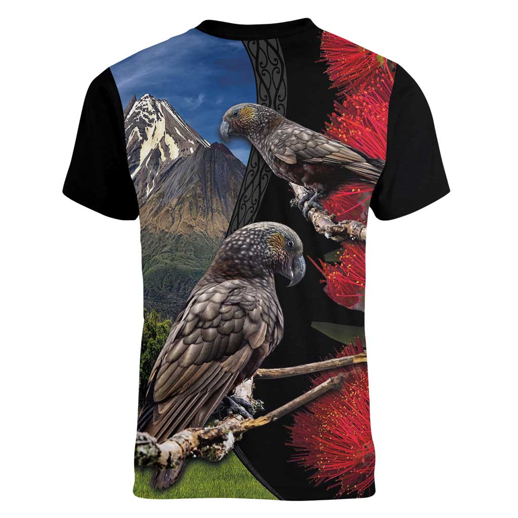 New Zealand Kea And Pohutukawa Women V-Neck T-Shirt With The Mountain Landscape LT03 - Polynesian Pride