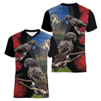New Zealand Kea And Pohutukawa Women V-Neck T-Shirt With The Mountain Landscape LT03 - Polynesian Pride