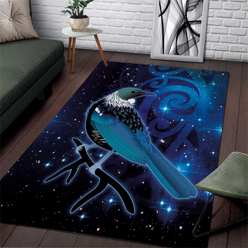 New Zealand Tui Bird Area Rug The Pleiades Star Cluster and Koru Tribal Tattoo Galaxy Vibe