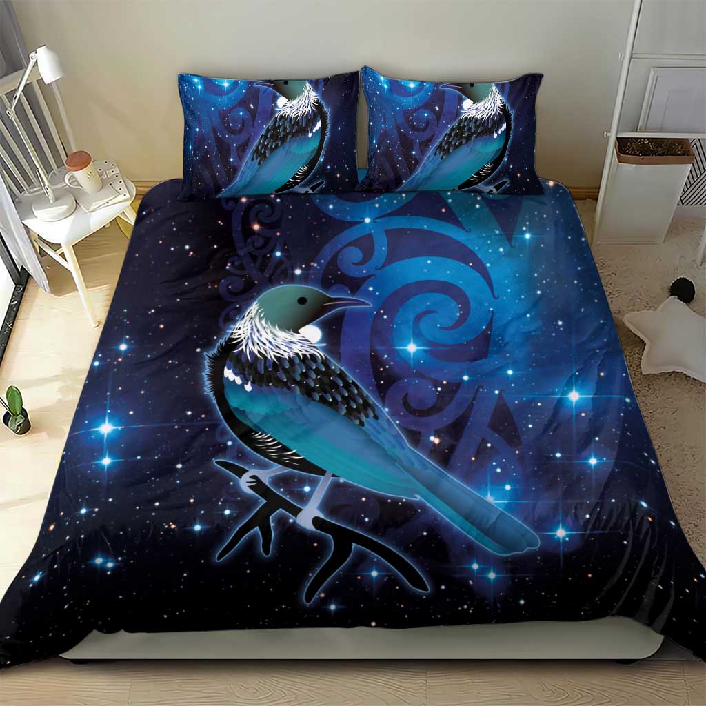 New Zealand Tui Bird Bedding Set The Pleiades Star Cluster and Koru Tribal Tattoo Galaxy Vibe LT03 - Polynesian Pride