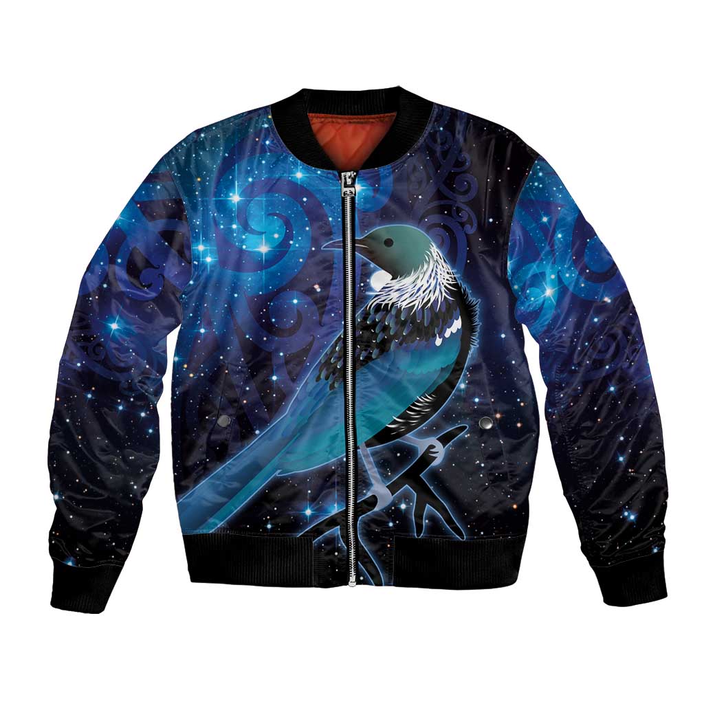 New Zealand Tui Bird Bomber Jacket The Pleiades Star Cluster and Koru Tribal Tattoo Galaxy Vibe LT03 Unisex Blue - Polynesian Pride