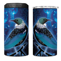 New Zealand Tui Bird 4 in 1 Can Cooler Tumbler The Pleiades Star Cluster and Koru Tribal Tattoo Galaxy Vibe