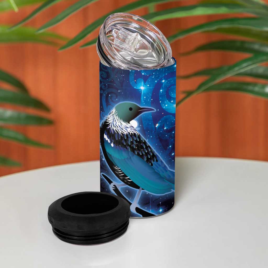 New Zealand Tui Bird 4 in 1 Can Cooler Tumbler The Pleiades Star Cluster and Koru Tribal Tattoo Galaxy Vibe