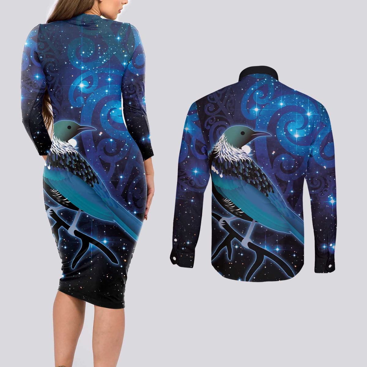 New Zealand Tui Bird Couples Matching Long Sleeve Bodycon Dress and Long Sleeve Button Shirt The Pleiades Star Cluster and Koru Tribal Tattoo Galaxy Vibe LT03 - Polynesian Pride
