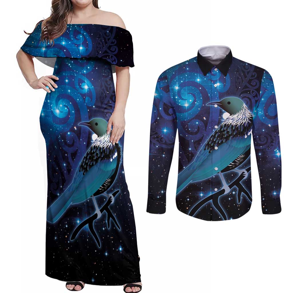 New Zealand Tui Bird Couples Matching Off Shoulder Maxi Dress and Long Sleeve Button Shirt The Pleiades Star Cluster and Koru Tribal Tattoo Galaxy Vibe LT03 Blue - Polynesian Pride