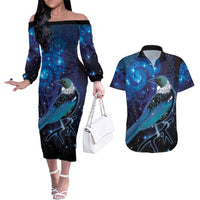 New Zealand Tui Bird Couples Matching Off The Shoulder Long Sleeve Dress and Hawaiian Shirt The Pleiades Star Cluster and Koru Tribal Tattoo Galaxy Vibe