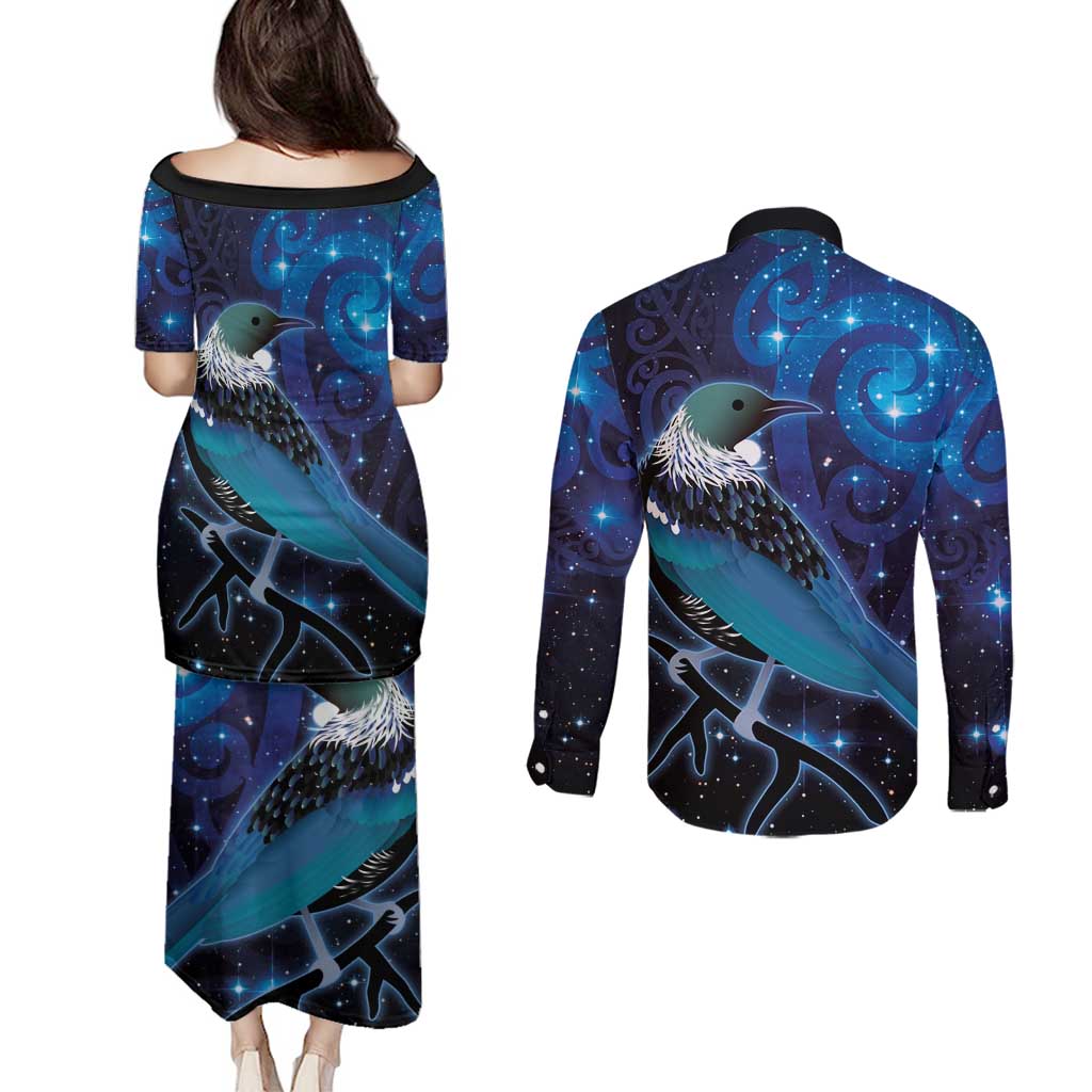 New Zealand Tui Bird Couples Matching Puletasi and Long Sleeve Button Shirt The Pleiades Star Cluster and Koru Tribal Tattoo Galaxy Vibe LT03 - Polynesian Pride