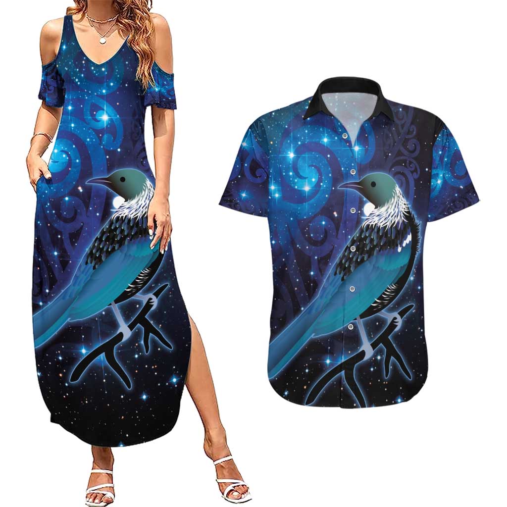 New Zealand Tui Bird Couples Matching Summer Maxi Dress and Hawaiian Shirt The Pleiades Star Cluster and Koru Tribal Tattoo Galaxy Vibe LT03 Blue - Polynesian Pride