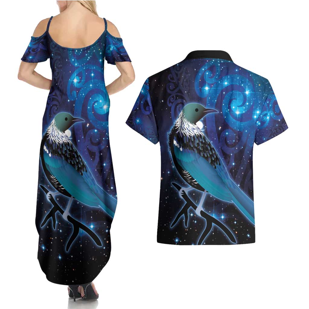 New Zealand Tui Bird Couples Matching Summer Maxi Dress and Hawaiian Shirt The Pleiades Star Cluster and Koru Tribal Tattoo Galaxy Vibe LT03 - Polynesian Pride