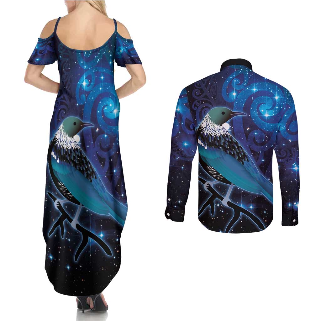 New Zealand Tui Bird Couples Matching Summer Maxi Dress and Long Sleeve Button Shirt The Pleiades Star Cluster and Koru Tribal Tattoo Galaxy Vibe LT03 - Polynesian Pride