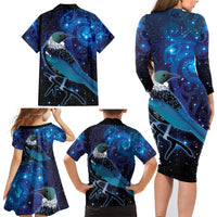 New Zealand Tui Bird Family Matching Long Sleeve Bodycon Dress and Hawaiian Shirt The Pleiades Star Cluster and Koru Tribal Tattoo Galaxy Vibe LT03 - Polynesian Pride