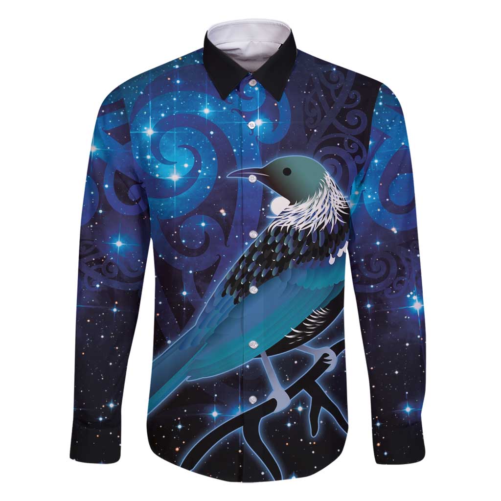 New Zealand Tui Bird Family Matching Long Sleeve Bodycon Dress and Hawaiian Shirt The Pleiades Star Cluster and Koru Tribal Tattoo Galaxy Vibe LT03 Dad's Shirt - Long Sleeve Blue - Polynesian Pride