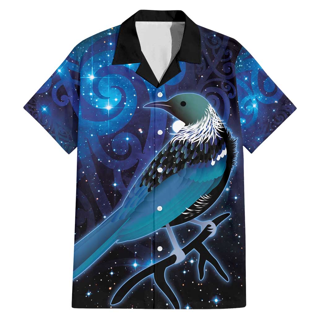 New Zealand Tui Bird Family Matching Mermaid Dress and Hawaiian Shirt The Pleiades Star Cluster and Koru Tribal Tattoo Galaxy Vibe LT03 Dad's Shirt - Short Sleeve Blue - Polynesian Pride
