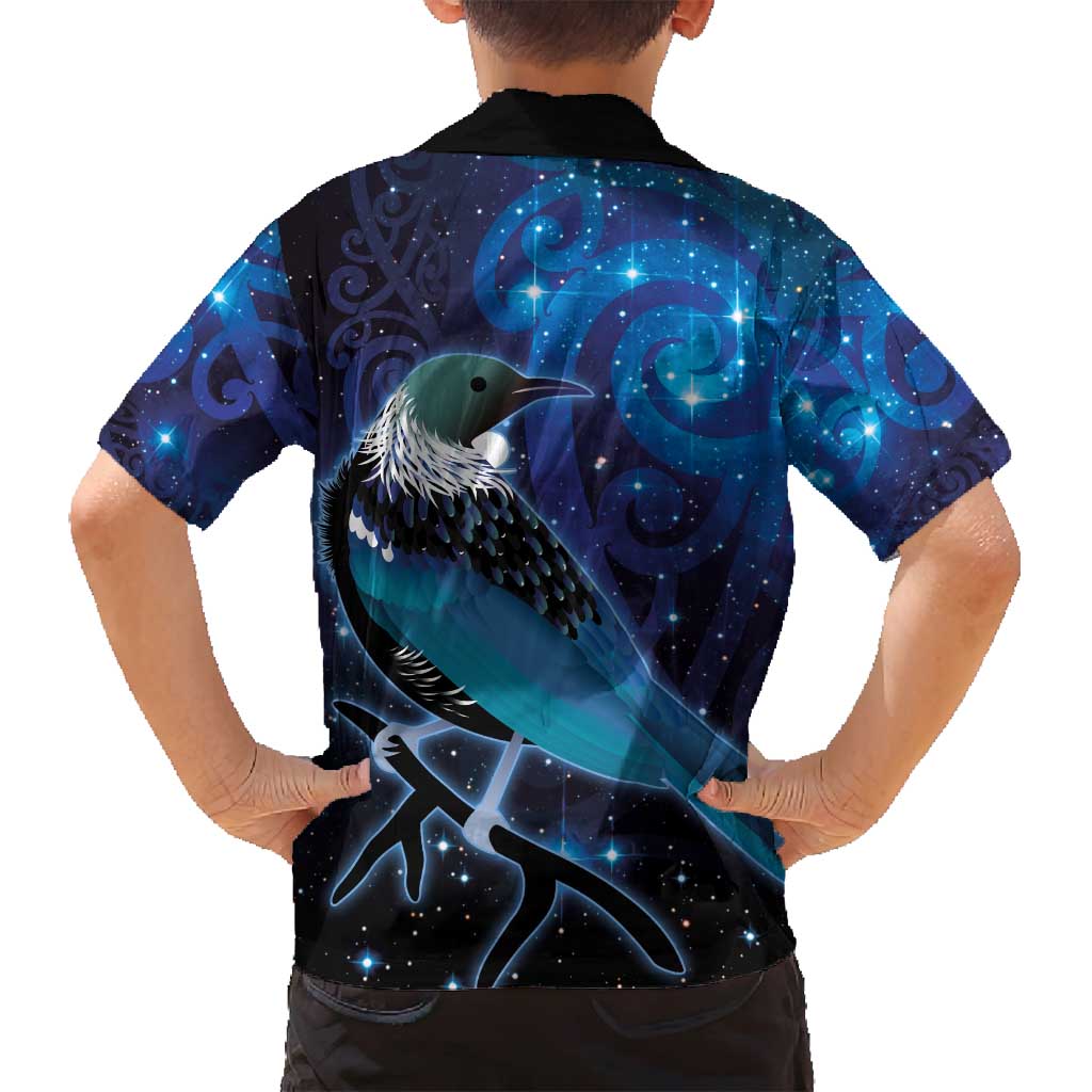 New Zealand Tui Bird Family Matching Off Shoulder Maxi Dress and Hawaiian Shirt The Pleiades Star Cluster and Koru Tribal Tattoo Galaxy Vibe LT03 - Polynesian Pride