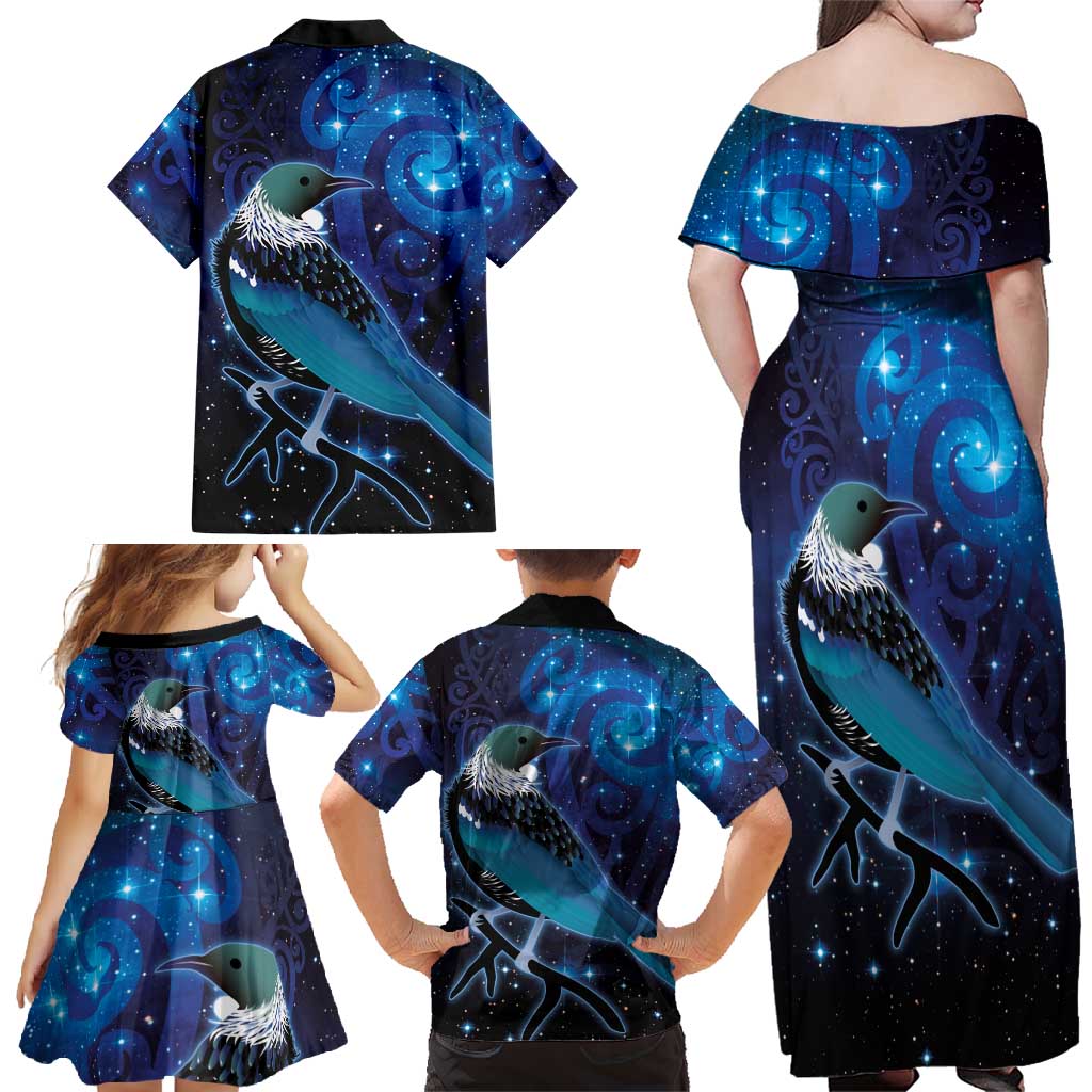 New Zealand Tui Bird Family Matching Off Shoulder Maxi Dress and Hawaiian Shirt The Pleiades Star Cluster and Koru Tribal Tattoo Galaxy Vibe LT03 - Polynesian Pride