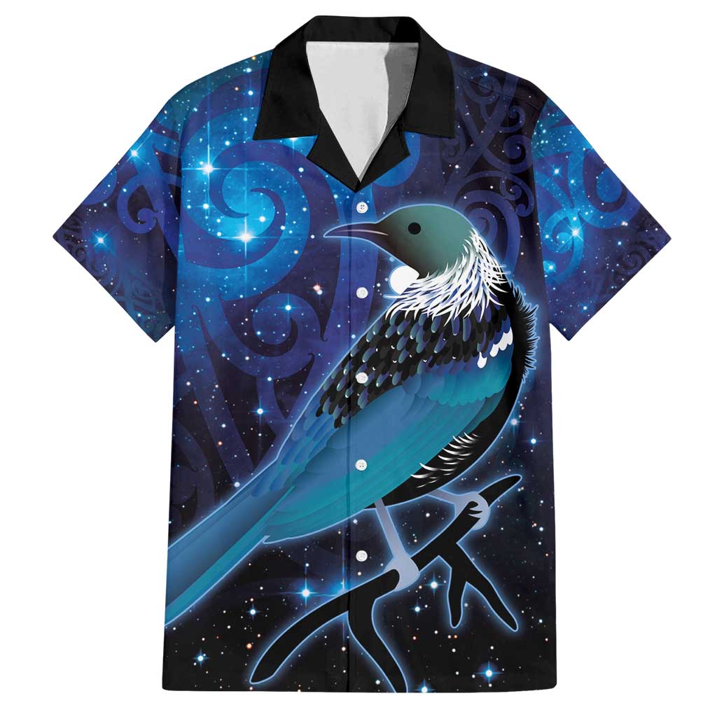 New Zealand Tui Bird Family Matching Off Shoulder Maxi Dress and Hawaiian Shirt The Pleiades Star Cluster and Koru Tribal Tattoo Galaxy Vibe LT03 Dad's Shirt - Short Sleeve Blue - Polynesian Pride