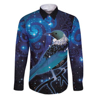 New Zealand Tui Bird Family Matching Off Shoulder Maxi Dress and Hawaiian Shirt The Pleiades Star Cluster and Koru Tribal Tattoo Galaxy Vibe LT03 Dad's Shirt - Long Sleeve Blue - Polynesian Pride