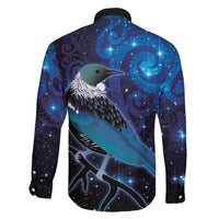 New Zealand Tui Bird Family Matching Off Shoulder Maxi Dress and Hawaiian Shirt The Pleiades Star Cluster and Koru Tribal Tattoo Galaxy Vibe LT03 - Polynesian Pride