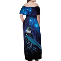 New Zealand Tui Bird Family Matching Off Shoulder Maxi Dress and Hawaiian Shirt The Pleiades Star Cluster and Koru Tribal Tattoo Galaxy Vibe LT03 - Polynesian Pride