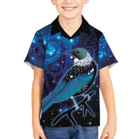New Zealand Tui Bird Family Matching Off Shoulder Maxi Dress and Hawaiian Shirt The Pleiades Star Cluster and Koru Tribal Tattoo Galaxy Vibe LT03 Son's Shirt Blue - Polynesian Pride
