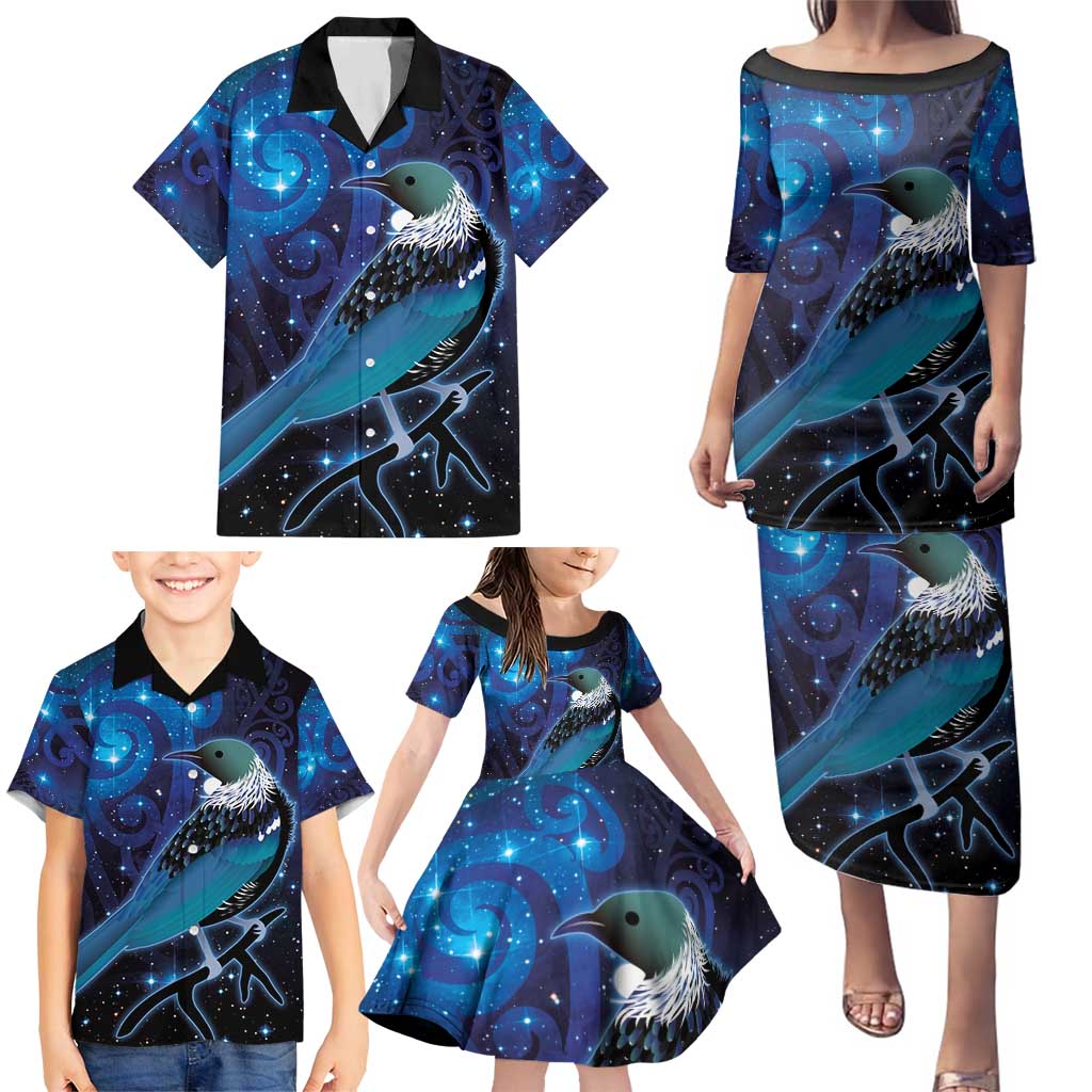 New Zealand Tui Bird Family Matching Puletasi and Hawaiian Shirt The Pleiades Star Cluster and Koru Tribal Tattoo Galaxy Vibe LT03 - Polynesian Pride