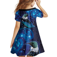 New Zealand Tui Bird Family Matching Short Sleeve Bodycon Dress and Hawaiian Shirt The Pleiades Star Cluster and Koru Tribal Tattoo Galaxy Vibe LT03 - Polynesian Pride