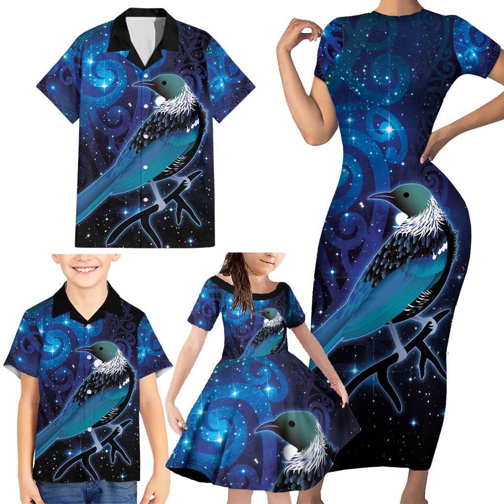 New Zealand Tui Bird Family Matching Short Sleeve Bodycon Dress and Hawaiian Shirt The Pleiades Star Cluster and Koru Tribal Tattoo Galaxy Vibe LT03 - Polynesian Pride