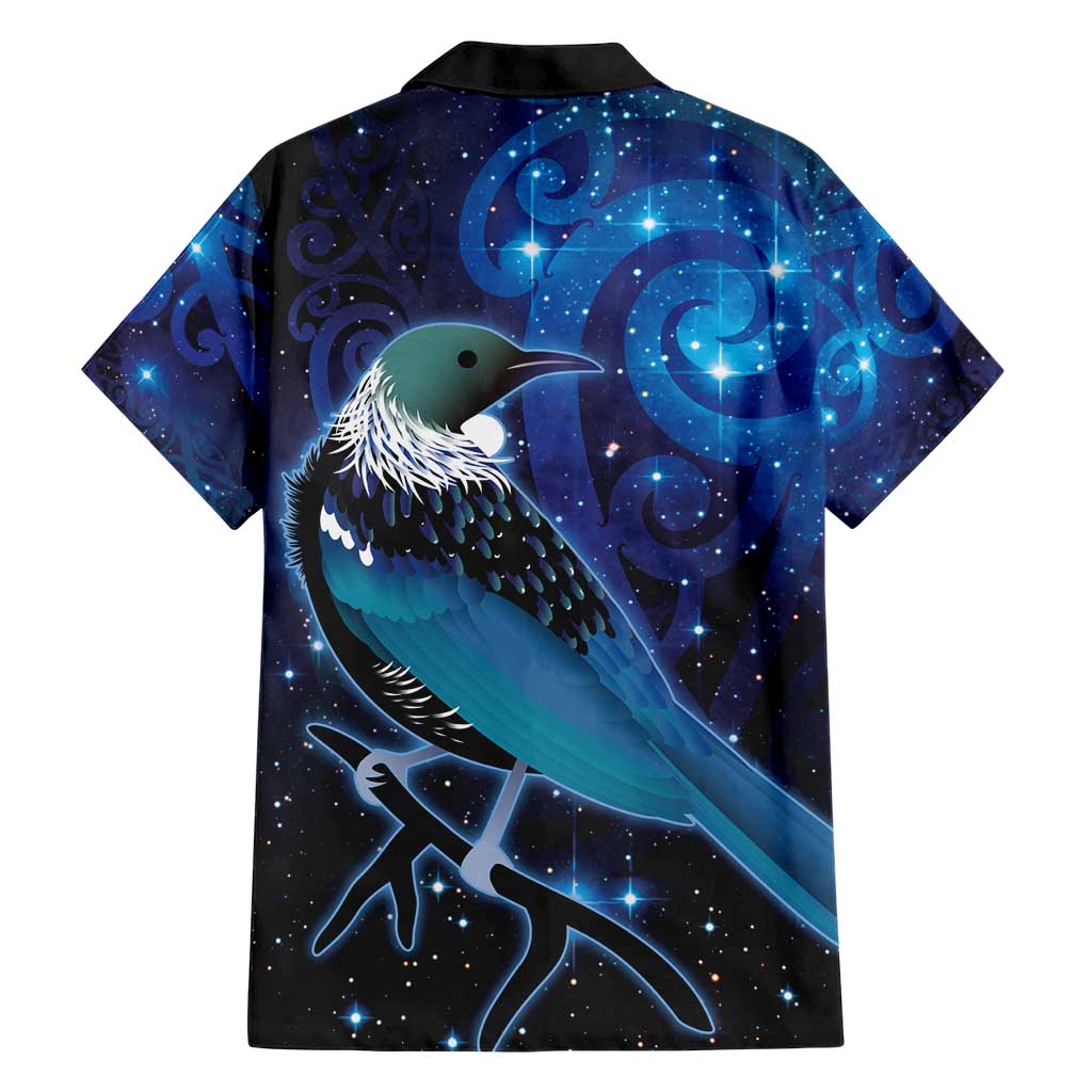 New Zealand Tui Bird Family Matching Short Sleeve Bodycon Dress and Hawaiian Shirt The Pleiades Star Cluster and Koru Tribal Tattoo Galaxy Vibe LT03 - Polynesian Pride