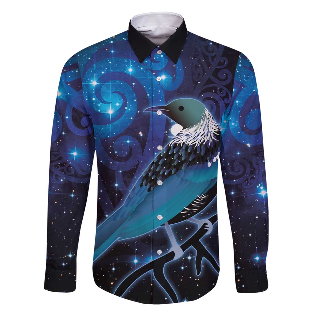 New Zealand Tui Bird Family Matching Short Sleeve Bodycon Dress and Hawaiian Shirt The Pleiades Star Cluster and Koru Tribal Tattoo Galaxy Vibe LT03 Dad's Shirt - Long Sleeve Blue - Polynesian Pride