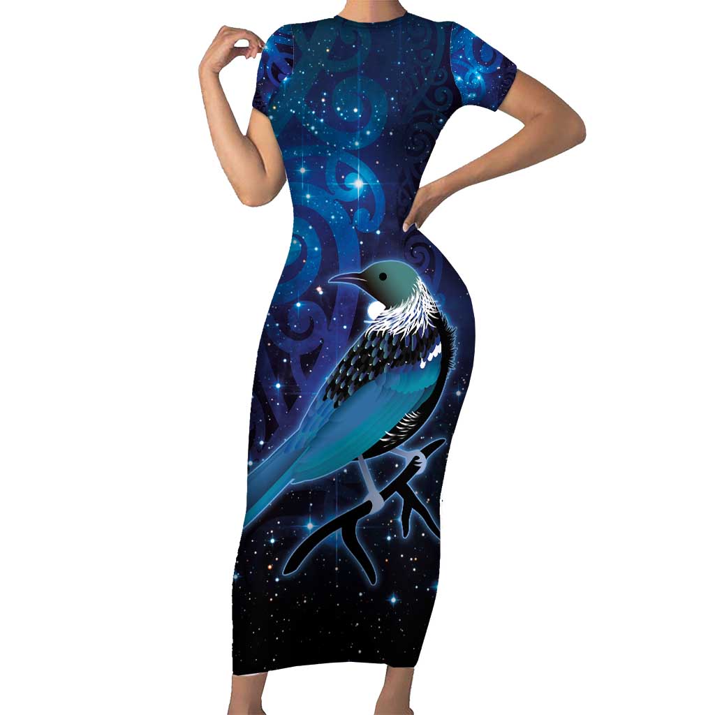 New Zealand Tui Bird Family Matching Short Sleeve Bodycon Dress and Hawaiian Shirt The Pleiades Star Cluster and Koru Tribal Tattoo Galaxy Vibe LT03 Mom's Dress Blue - Polynesian Pride