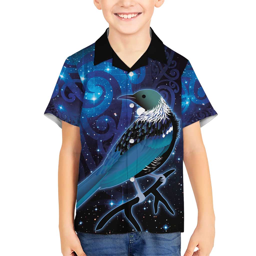 New Zealand Tui Bird Family Matching Short Sleeve Bodycon Dress and Hawaiian Shirt The Pleiades Star Cluster and Koru Tribal Tattoo Galaxy Vibe LT03 Son's Shirt Blue - Polynesian Pride