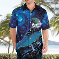 New Zealand Tui Bird Hawaiian Shirt The Pleiades Star Cluster and Koru Tribal Tattoo Galaxy Vibe